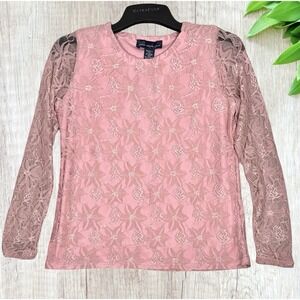 Susan Graver Pink Floral Lace Overlay Blouse Long Sleeve Size S Lined Y2K NWT